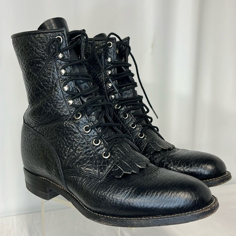 JUSTIN BOOTS VINTAGE MENS BLACK BULLHIDE LEATHER LACE UP BOOTS FTL-11-006